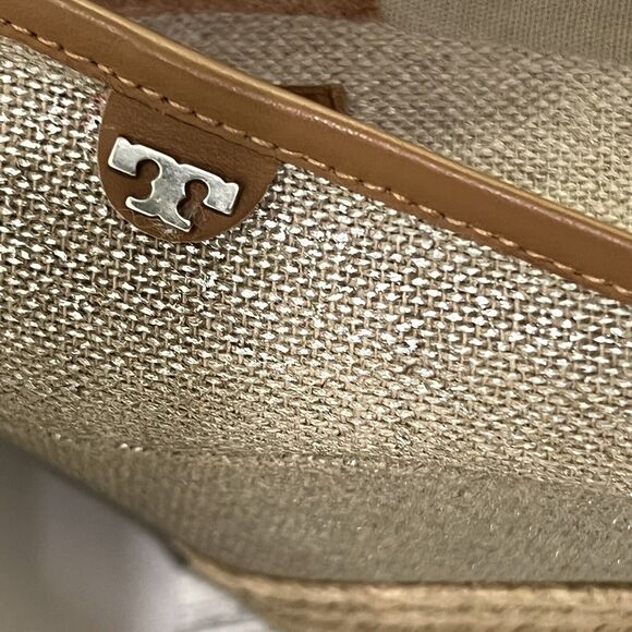 TORY BURCH MAJORCA Logo Wedge Espadrille Shoes Womens 8 EU 38 Plata Tan Metallic - Picture 6 of 17